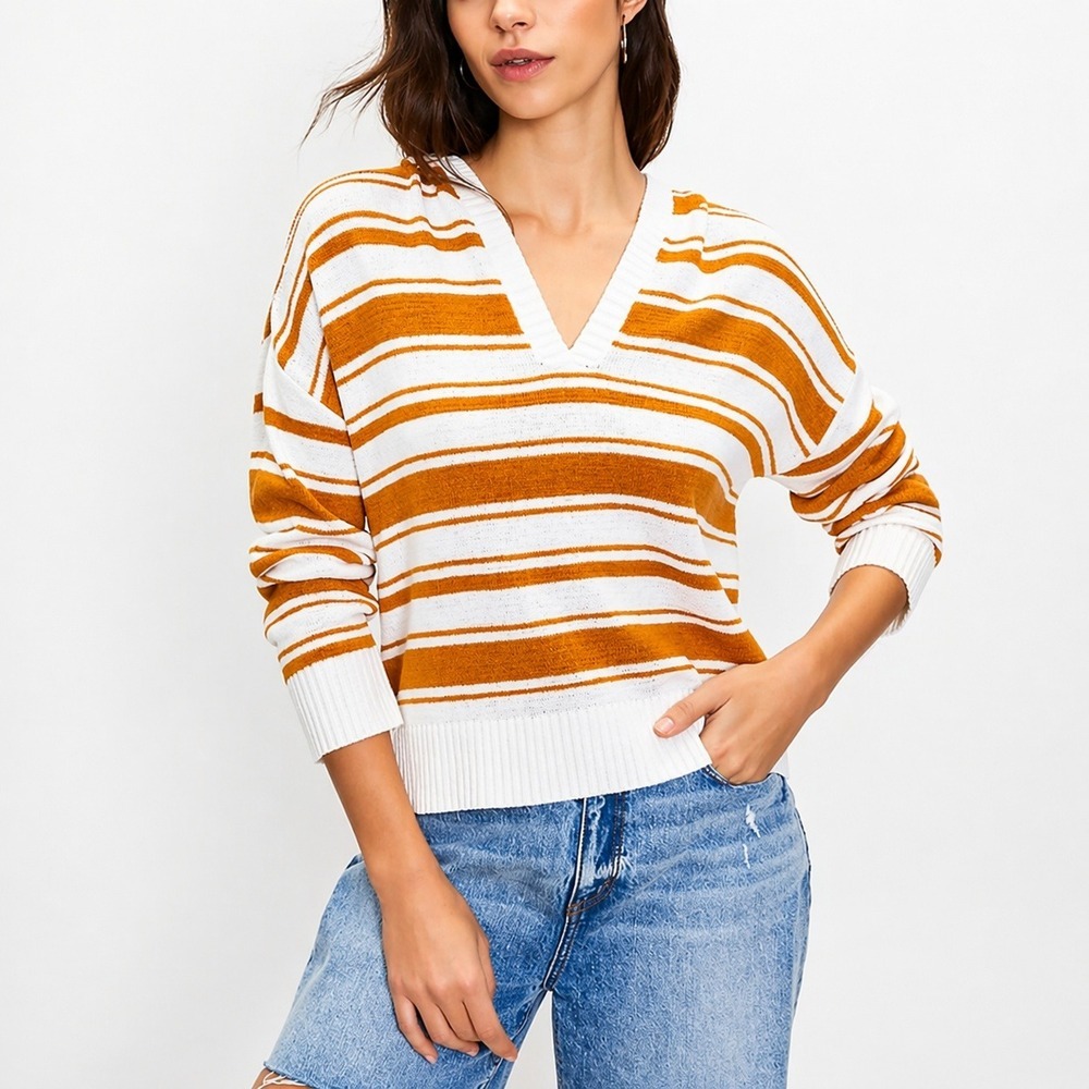 LOFT NEW Tan White Striped Hooded Lightweight Essential Sweater SZ Large Coastal